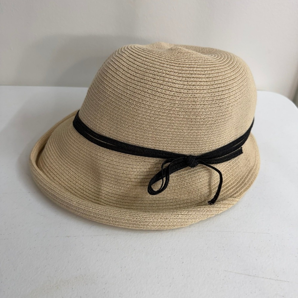 Women's tan black bow woven neutral basic sun summer hat one size casual